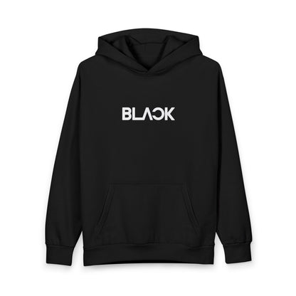 Black Graphic Hoodie — Urban Streetwear Pullover with Retro Photo & Blue Accent
