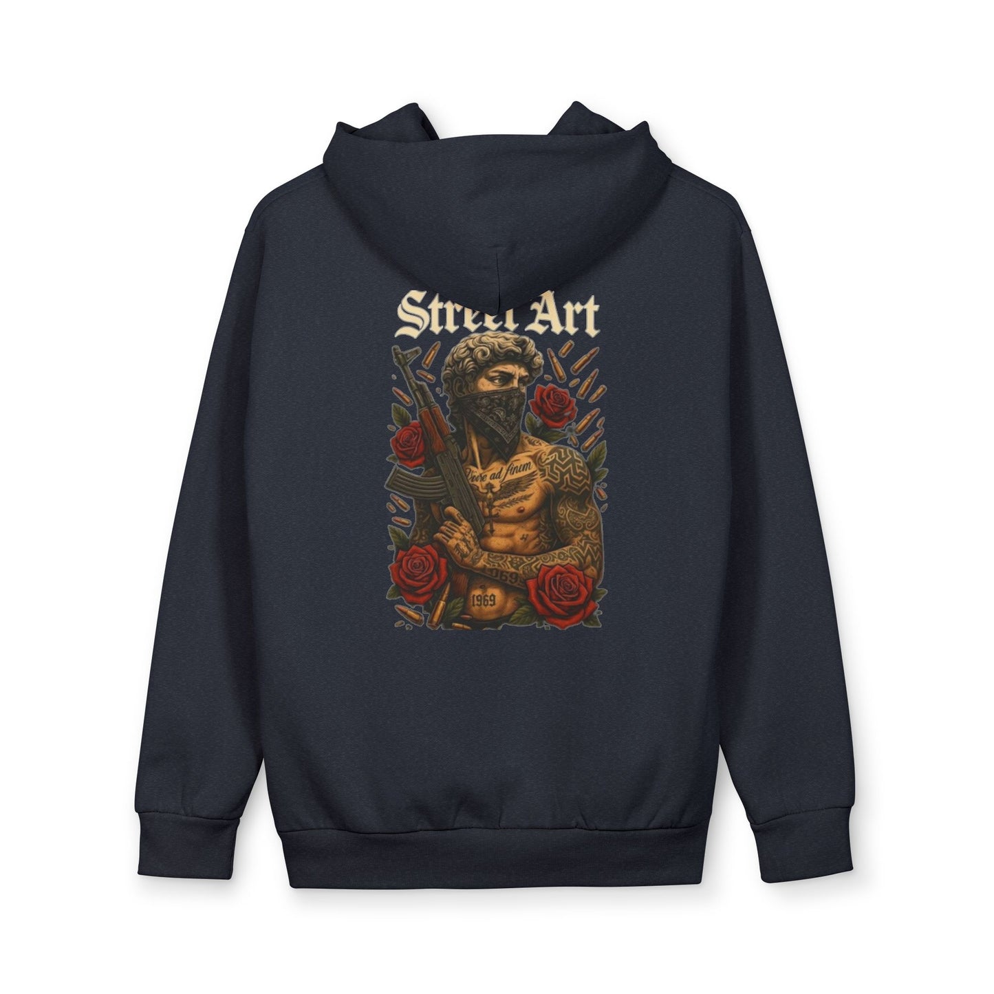 Urban Hoodie — Street Art Warrior Back Graphic with Roses
