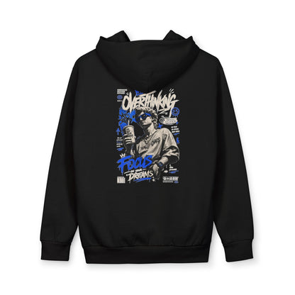 Black Graphic Hoodie — Urban Streetwear Pullover with Retro Photo & Blue Accent