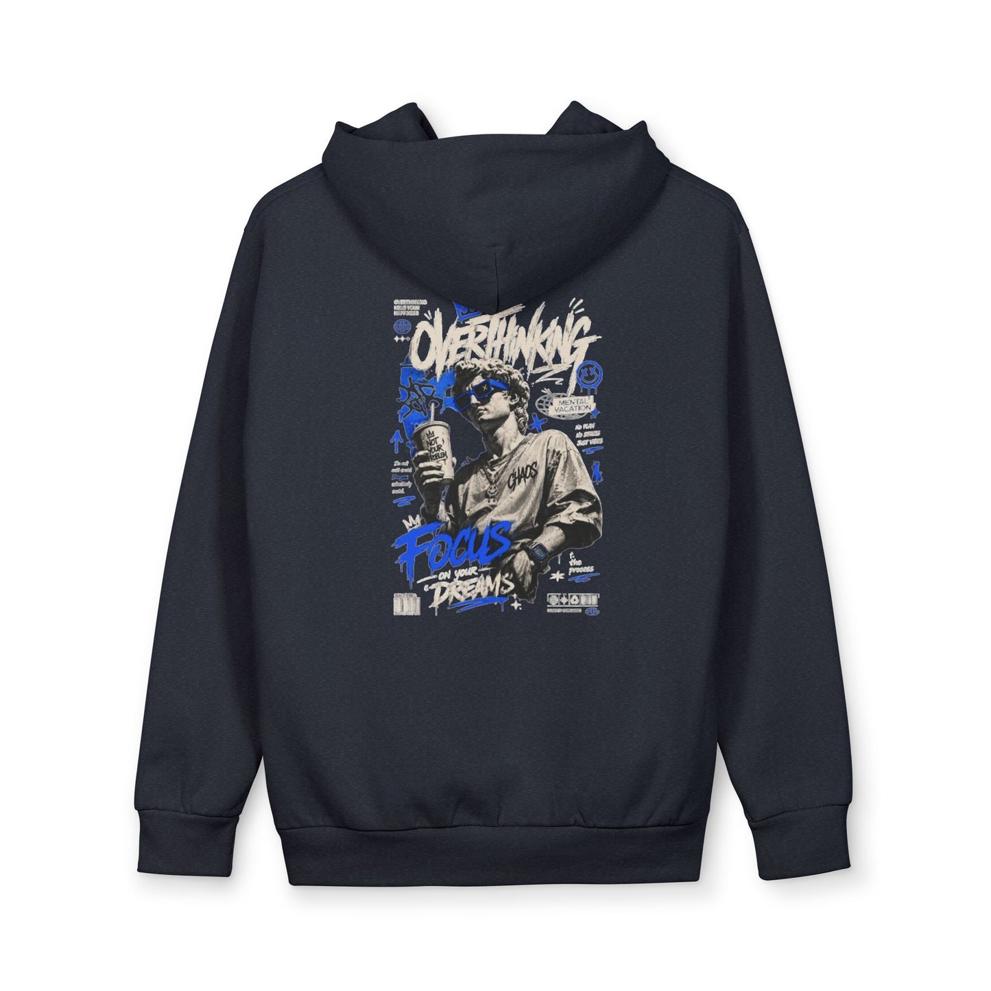 Black Graphic Hoodie — Urban Streetwear Pullover with Retro Photo & Blue Accent