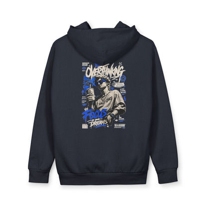 Black Graphic Hoodie — Urban Streetwear Pullover with Retro Photo & Blue Accent