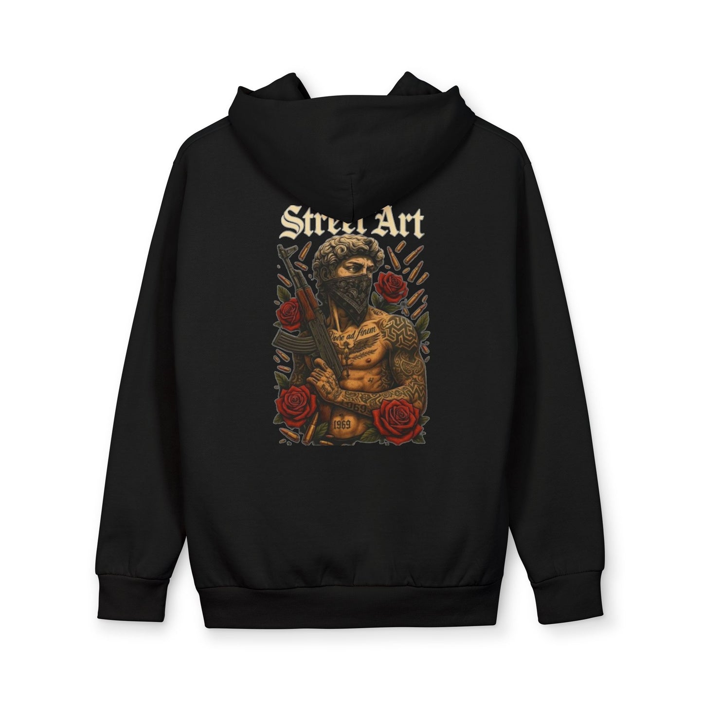 Urban Hoodie — Street Art Warrior Back Graphic with Roses