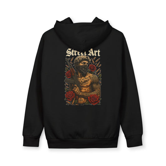 Urban Hoodie — Street Art Warrior Back Graphic with Roses