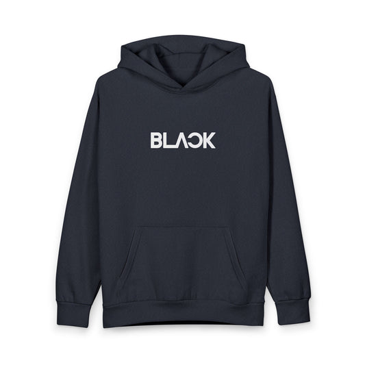 Black Graphic Hoodie — Urban Streetwear Pullover with Retro Photo & Blue Accent